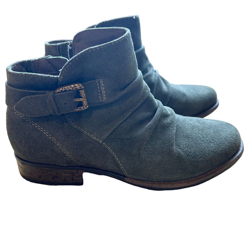 Earth Avani Billings Olive Suede Western Ankle Buckle Zip Boots Sz 7